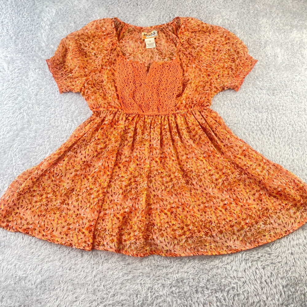 Mudd Babydoll Top Womens Small Orange Floral Crochet Lace Empire Waist Blouse